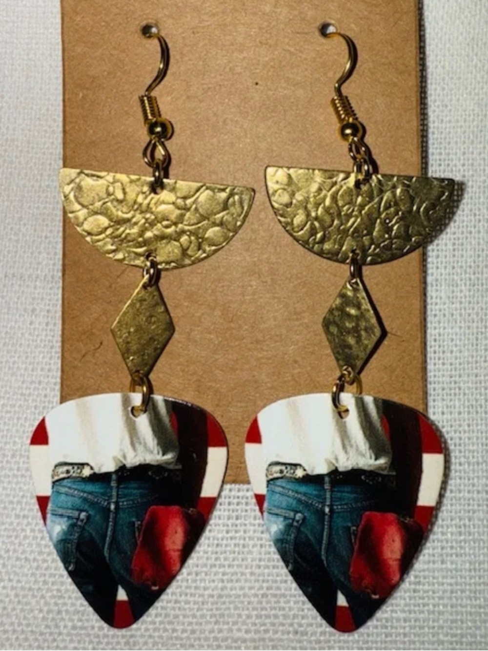 Handmade Dangle Earrings with Bruce Springsteen Printed Guitar Pick